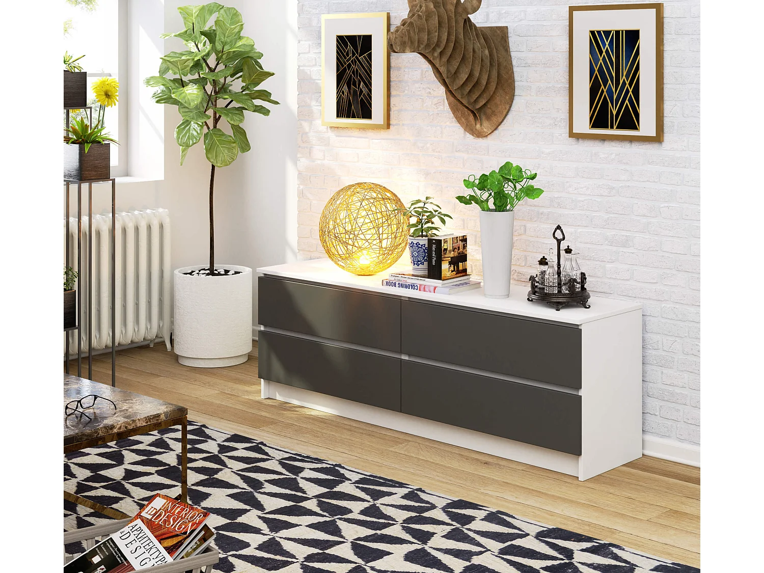 Cômoda Moderna Bicolor | 4 Gavetas | Branco & Cinza Fosco | 160 cm