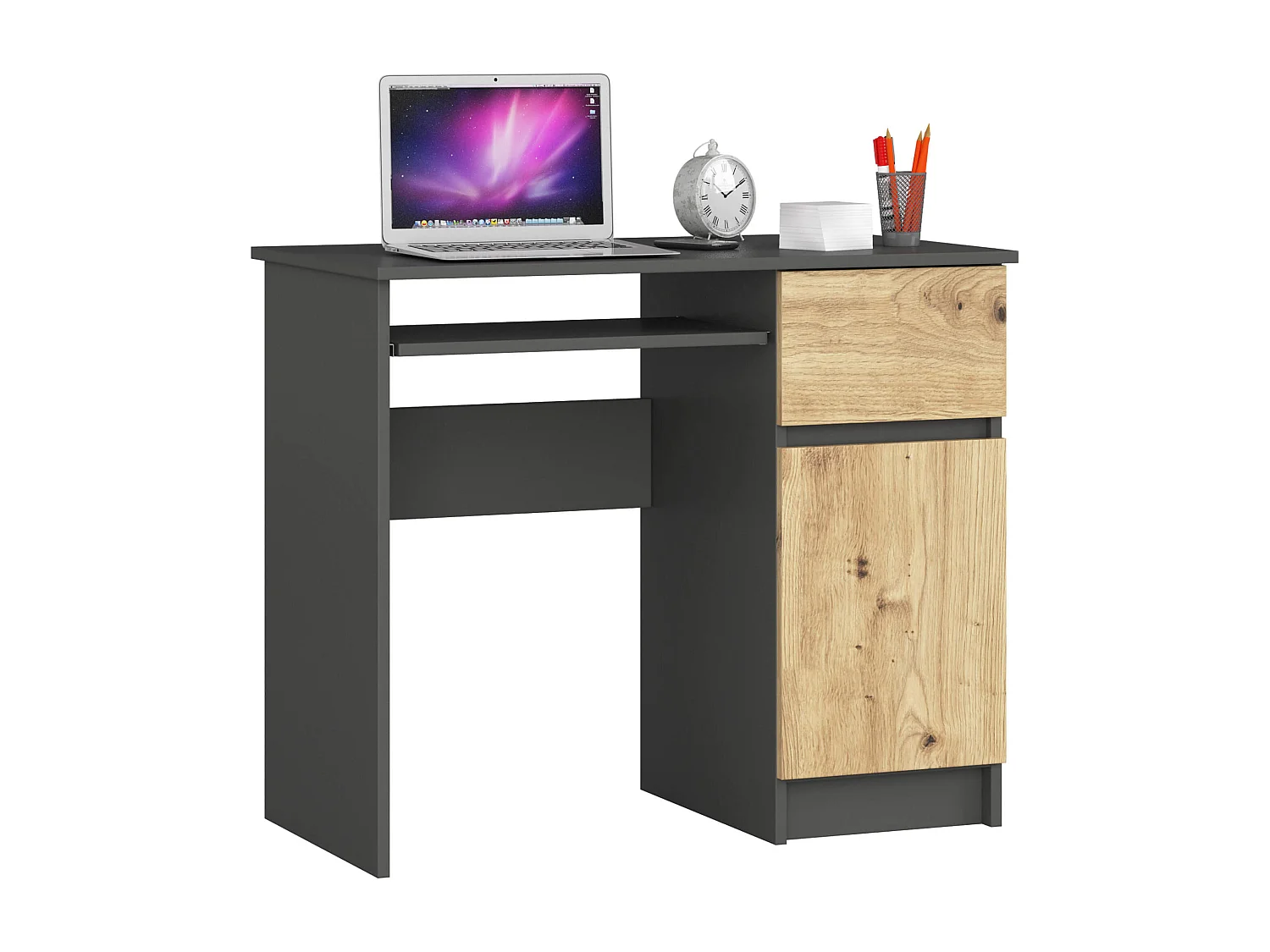 Mesa de Escritório Piksel Direita - Cinza Grafite / Carvalho Artisan