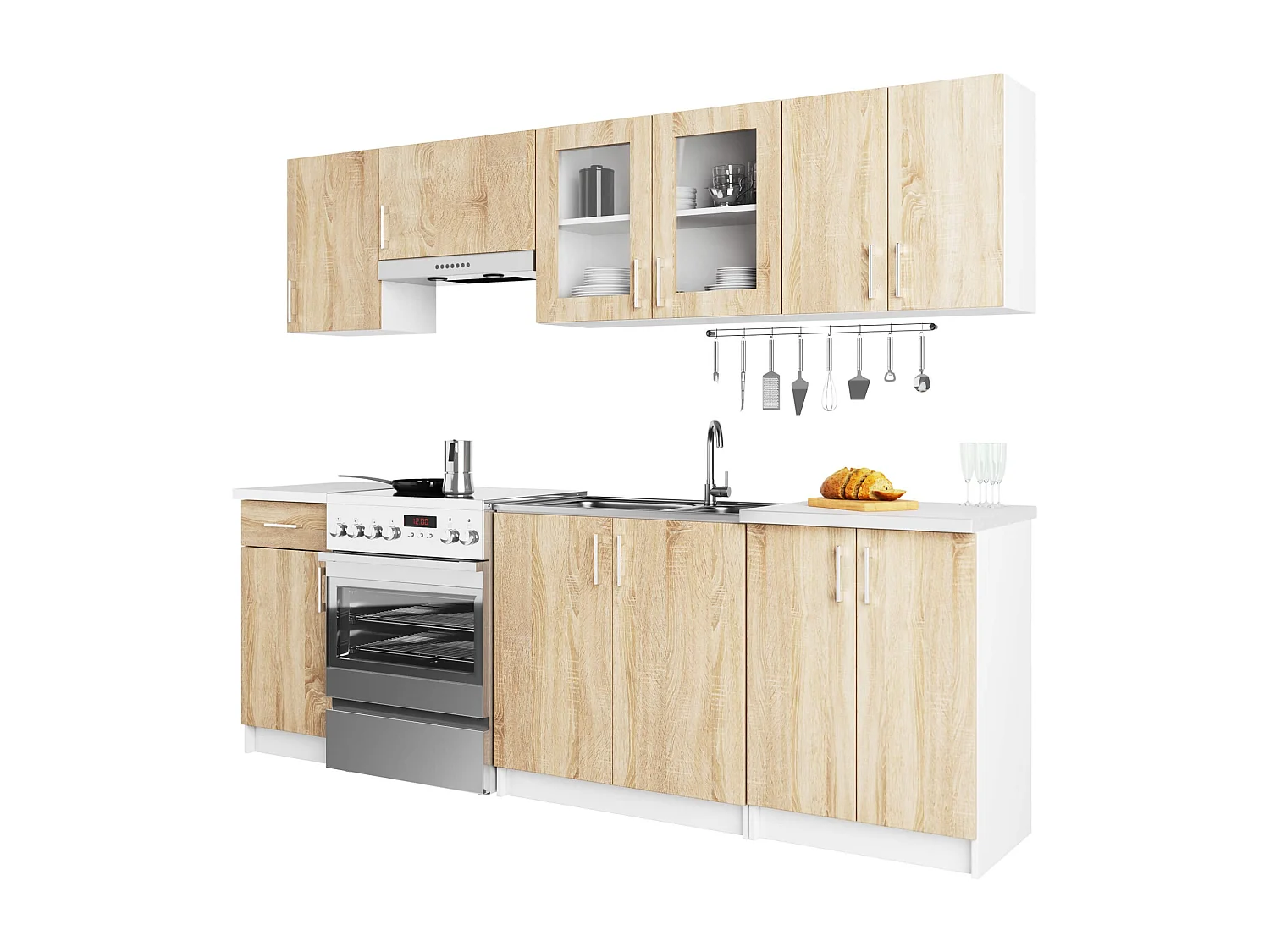 Conjunto de Cozinha com Vitrine Lima 2.4M - Branco / Carvalho Sonoma