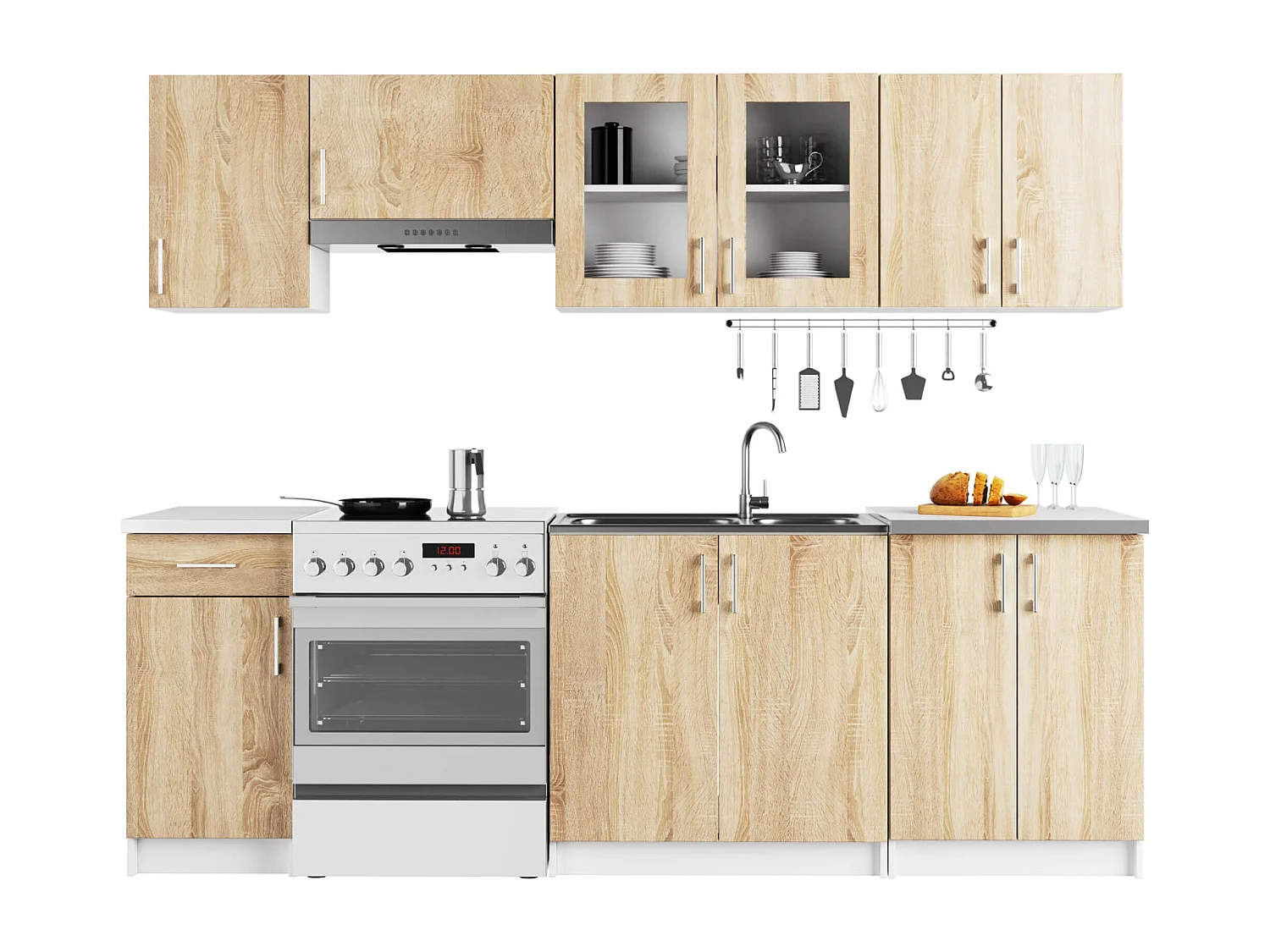 Conjunto de Cozinha com Vitrine Lima 2.4M - Branco / Carvalho Sonoma