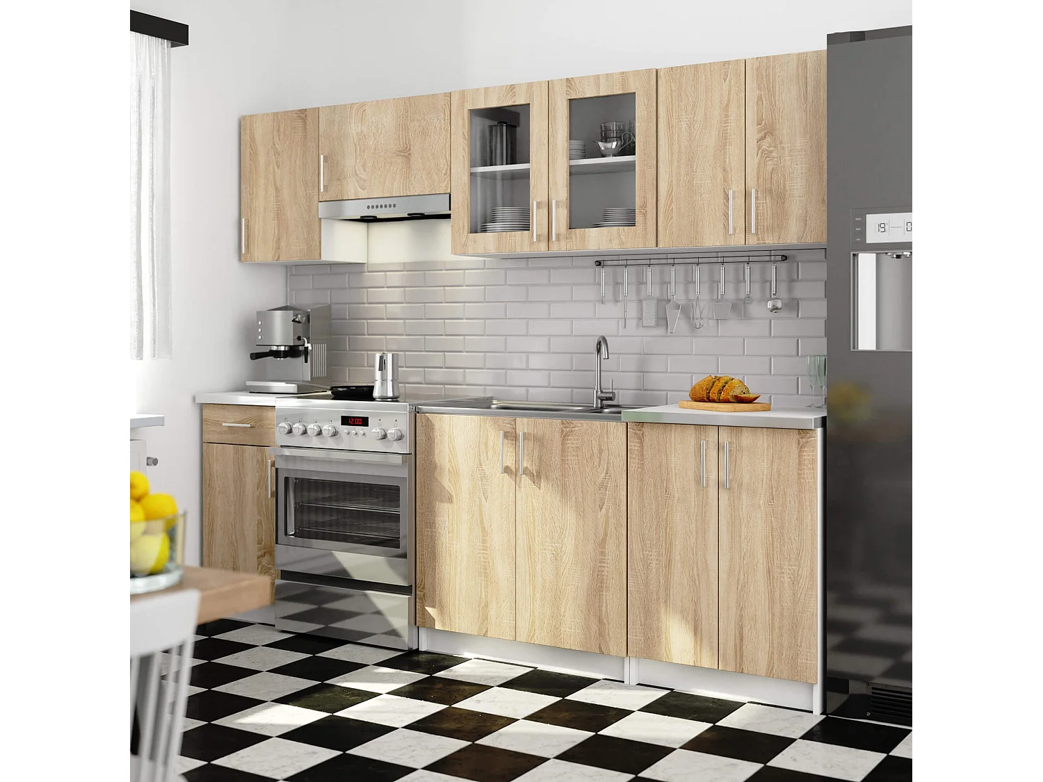 Conjunto de Cozinha com Vitrine Lima 2.4M - Branco / Carvalho Sonoma