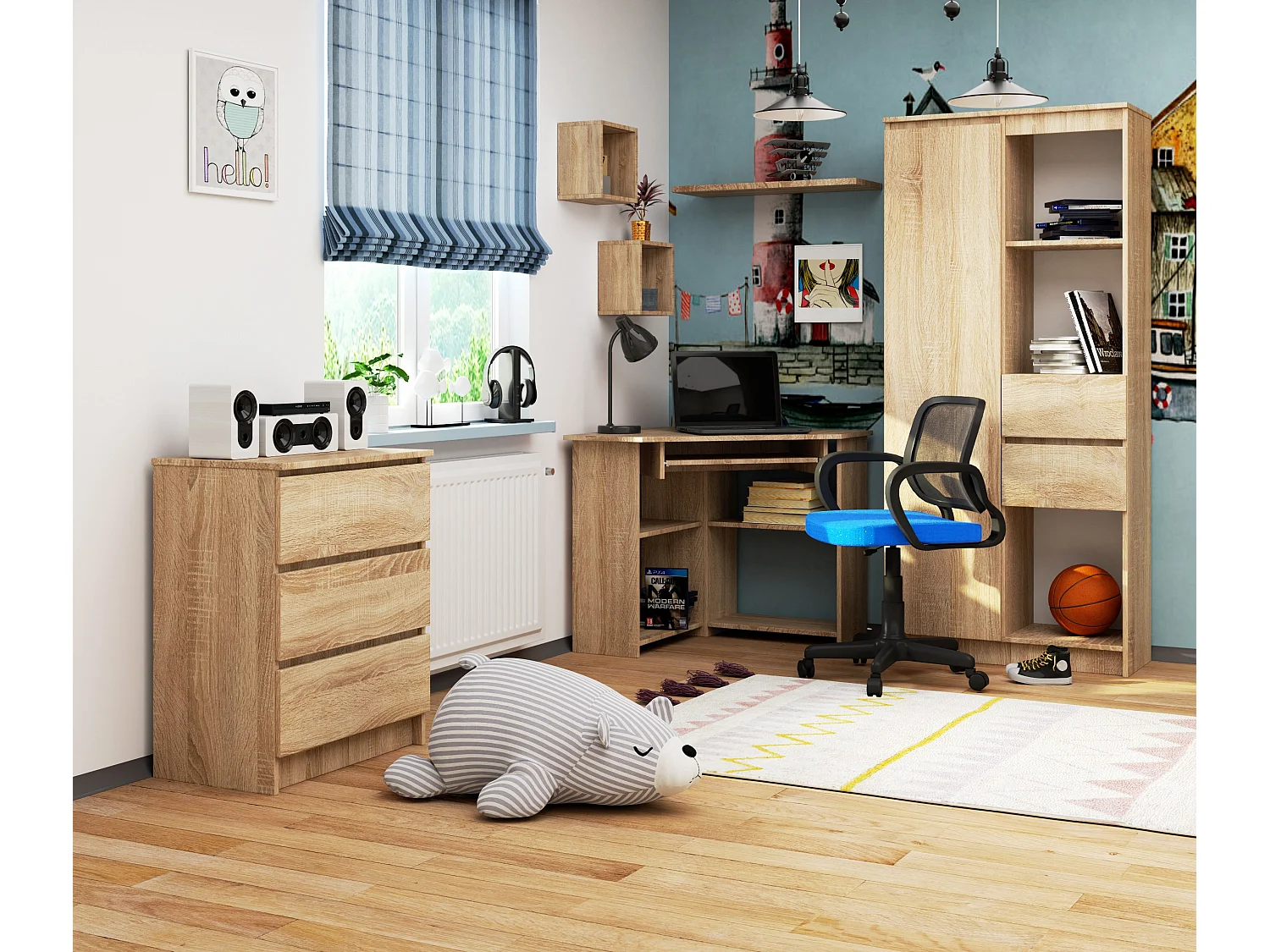 Escrivaninha TED Canto Carvalho de Sonoma com Prateleiras e Gaveta para Teclado