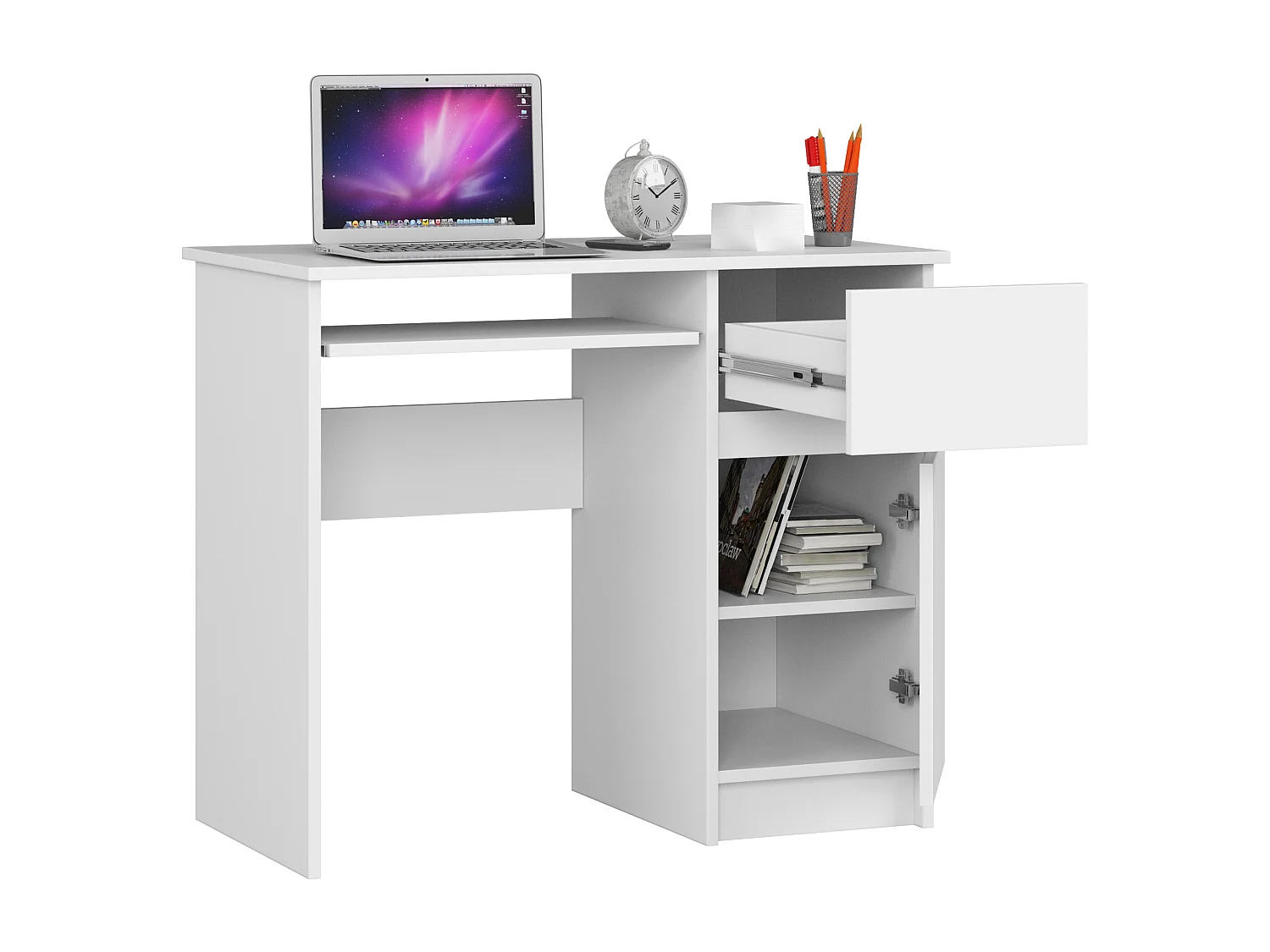 Mesa de Computador Piksel Direita Mat Branca 90cm com Prateleiras e Gaveta