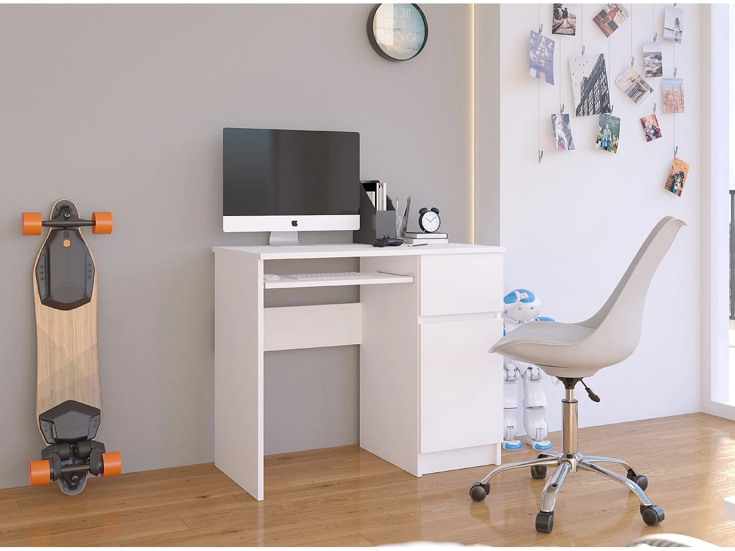 Mesa de Computador Piksel Direita Mat Branca 90cm com Prateleiras e Gaveta