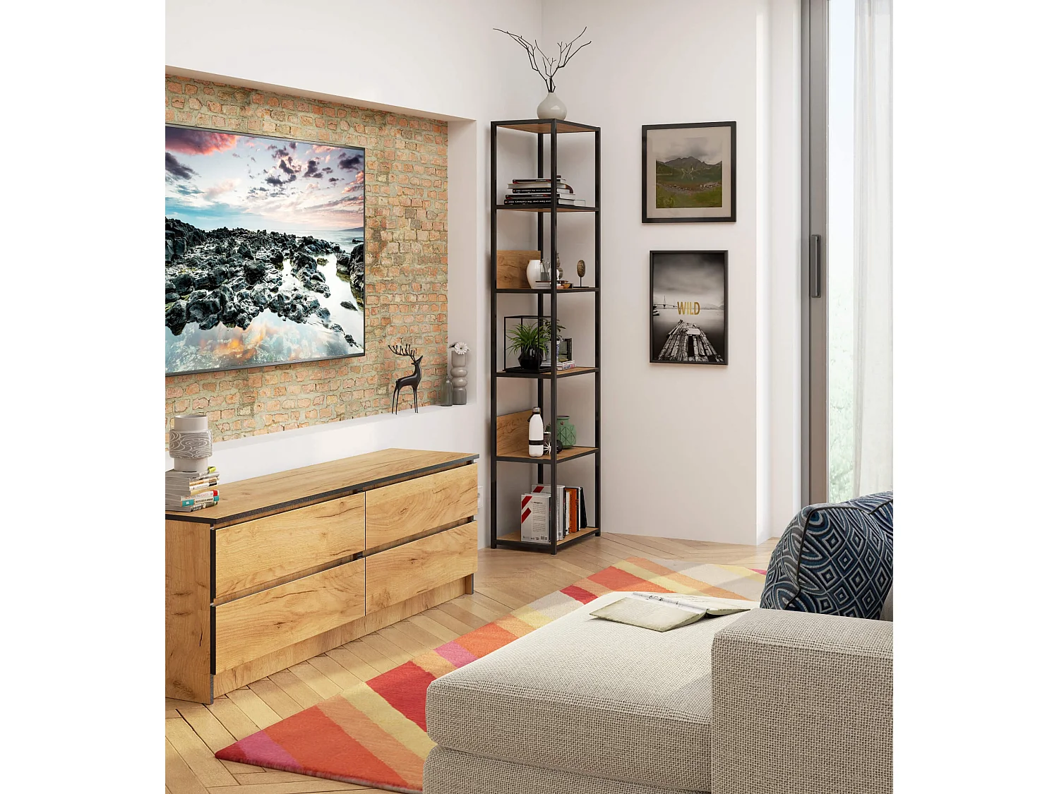 Estante Metálica Loft 500 Preto/Carvalho Craft