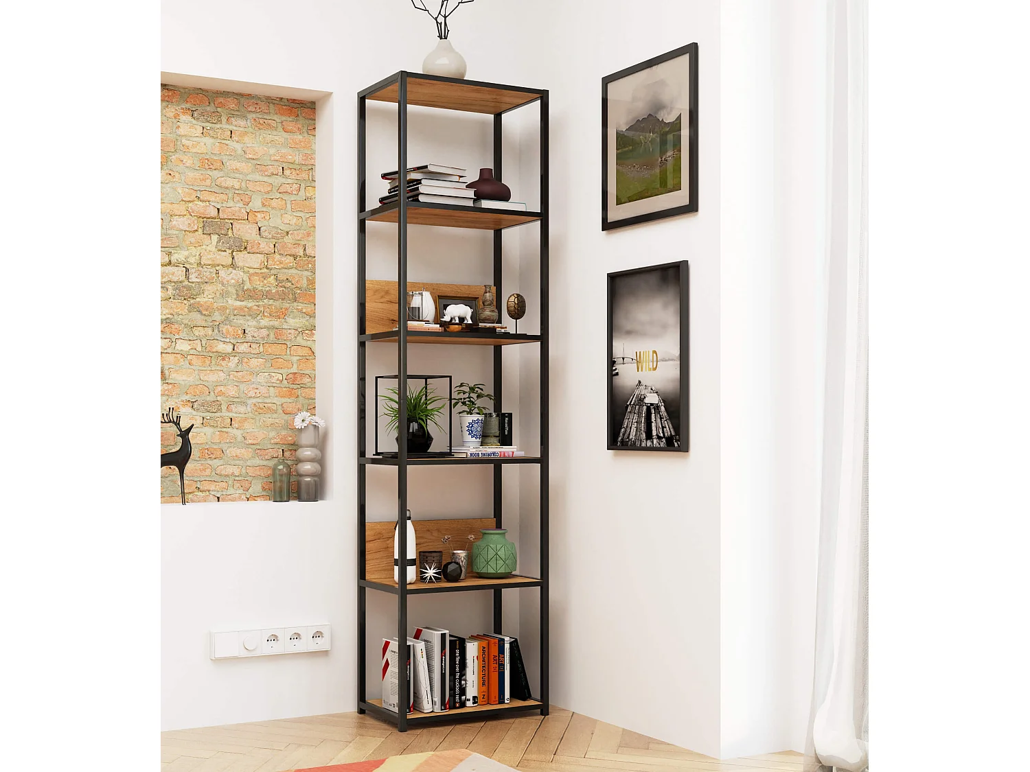 Estante Metálica Loft 500 Preto/Carvalho Craft