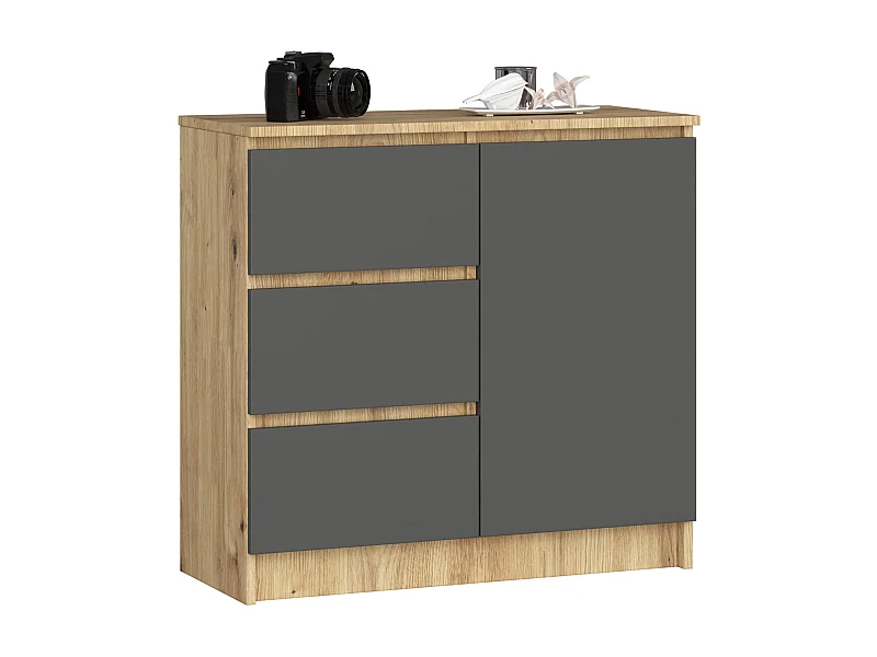 Cômoda 1 Porta 3 Gavetas Carvalho Artesanal/Grafite Cinza 80cm