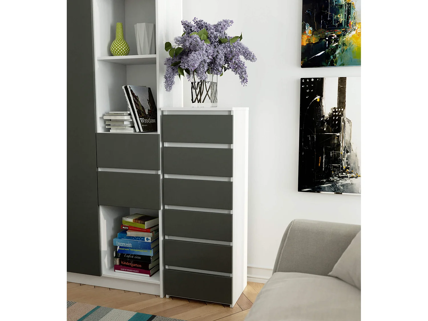 Cômoda Vertical Elegance 6 Gavetas em Branco e Cinza Grafite