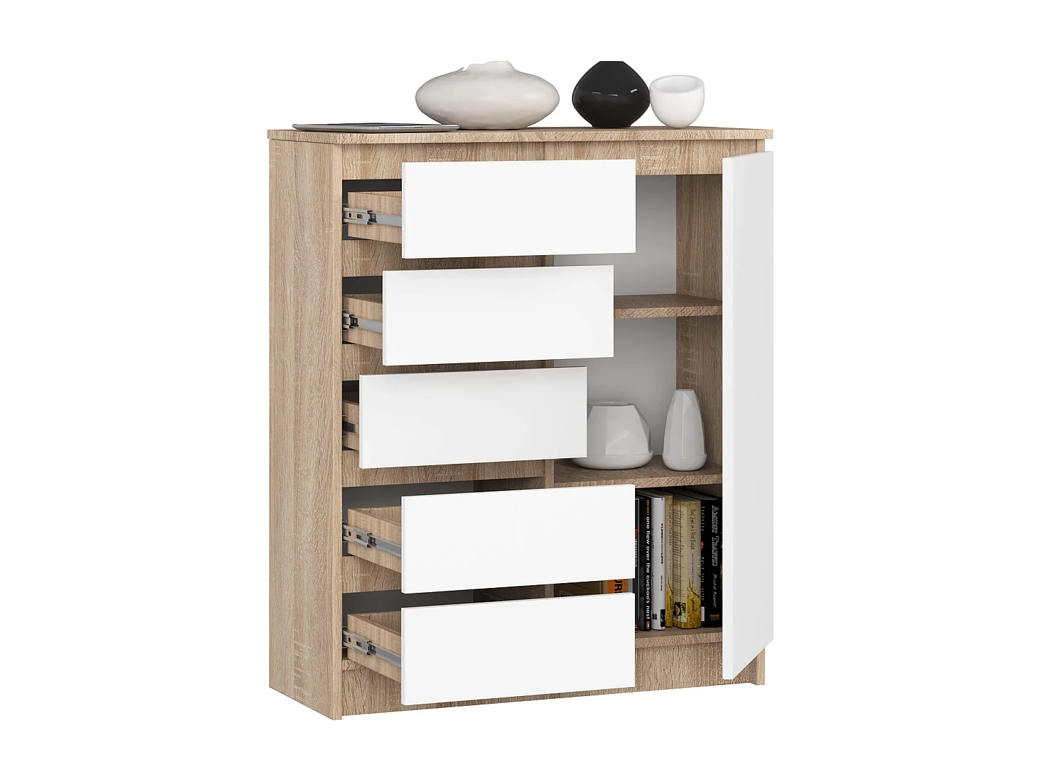 Cômoda Multifuncional Carvalho de Sonoma/Bianca com 5 Gavetas e 1 Porta