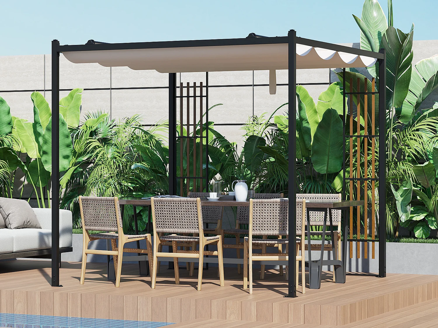 Pergola autoportante modulable en acier avec toit rétractable et treillis - 5,3 m² - noir - MAZARA