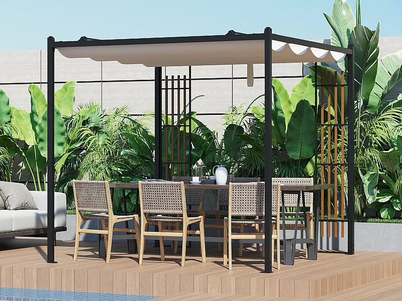 Pergola autoportante modulable en acier avec toit rétractable et treillis - 5,3 m² - noir - MAZARA