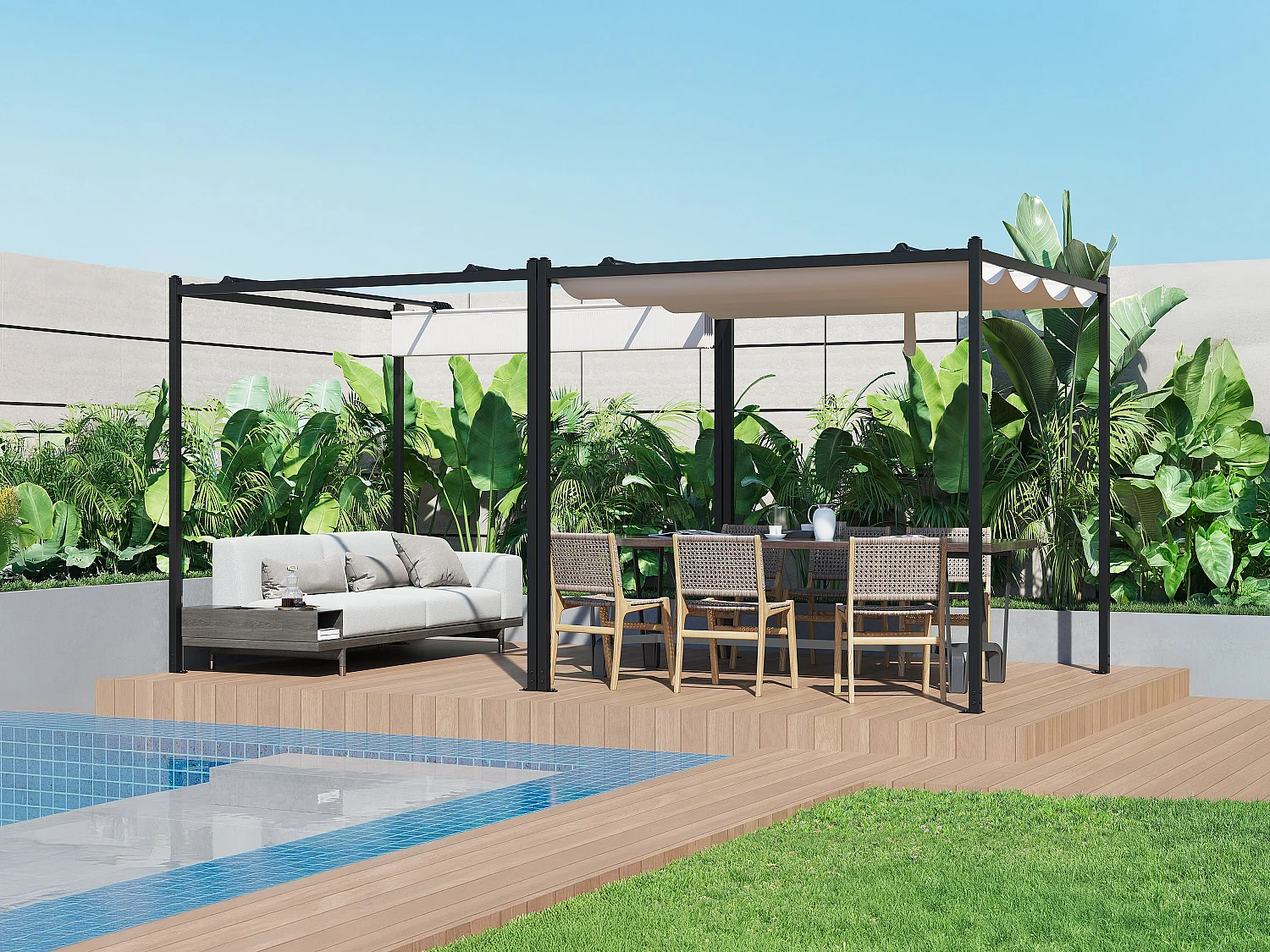 Pergola autoportante modulable en acier avec toit rétractable - 10,6 m² - noir - MAZARA