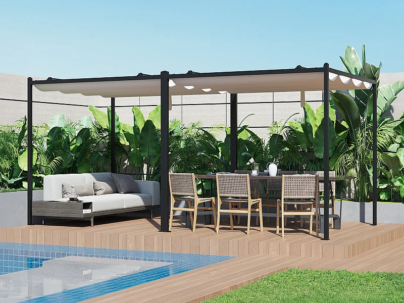 Pergola autoportante modulable en acier avec toit rétractable - 10,6 m² - noir - MAZARA