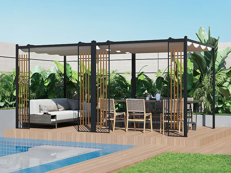 Pergola autoportante modulable en acier avec toit rétractable et treillis - 10,6 m² - noir - MAZARA