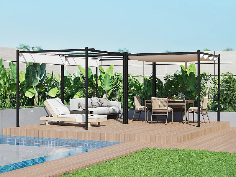 Pergola autoportante modulable en acier avec toit rétractable - 15,9 m² - noir - MAZARA