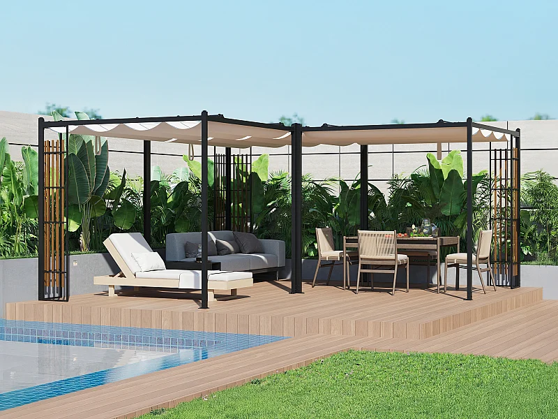 Pergola autoportante modulable en acier avec toit rétractable et treillis - 15,9 m² - noir - MAZARA