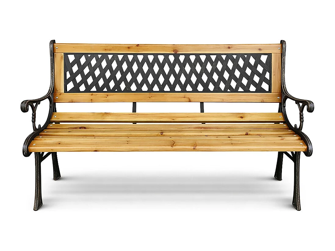 Banco de jardim preto MIRT com madeira lacada e pernas de ferro fundido, largura 127 cm