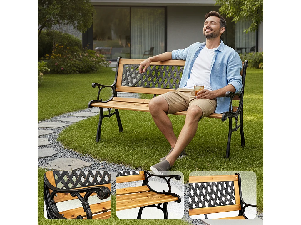 Banco de jardim preto MIRT com madeira lacada e pernas de ferro fundido, largura 127 cm