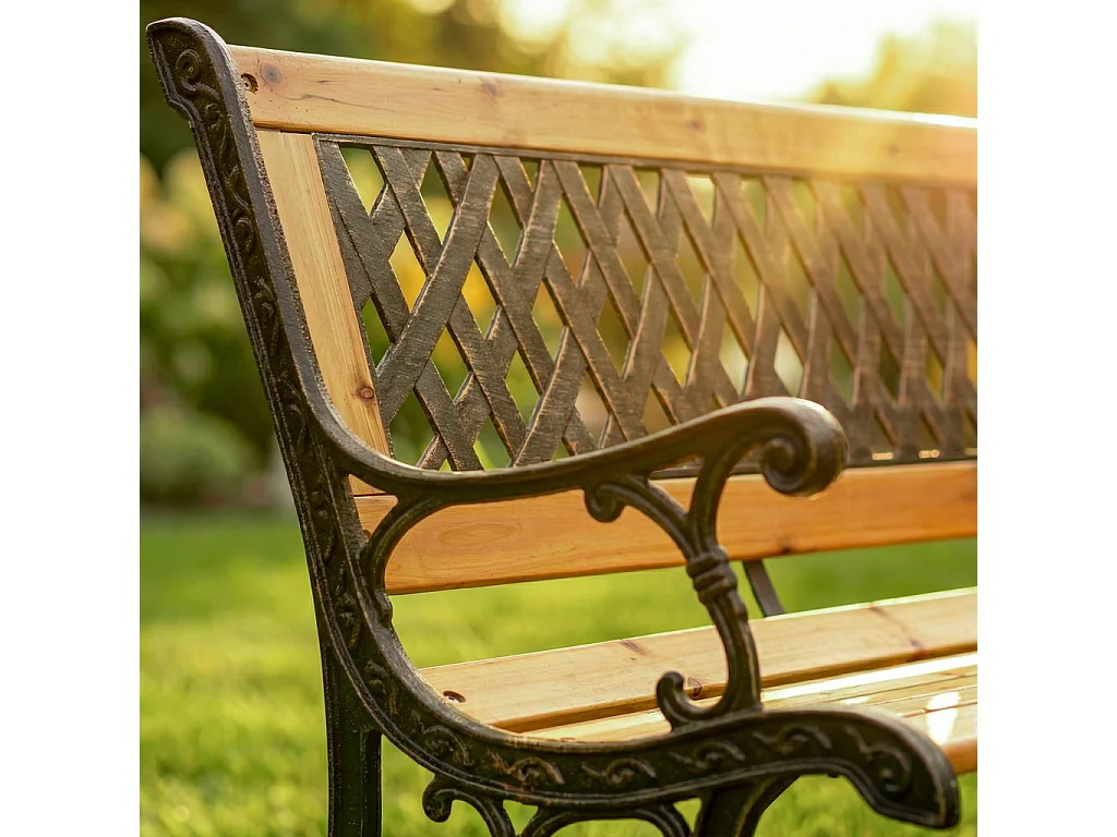 Banco de jardim preto MIRT com madeira lacada e pernas de ferro fundido, largura 127 cm