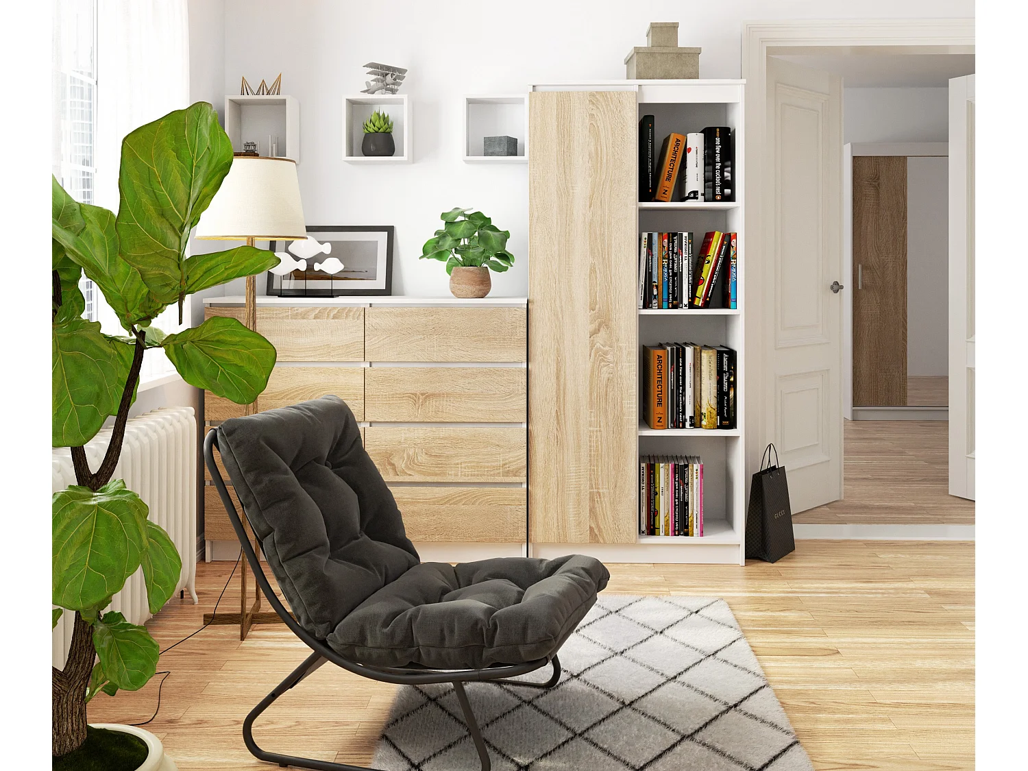 Estante Modular R80 1 Porta e 4 Prateleiras Cor Branco/Carvalho de Sonoma