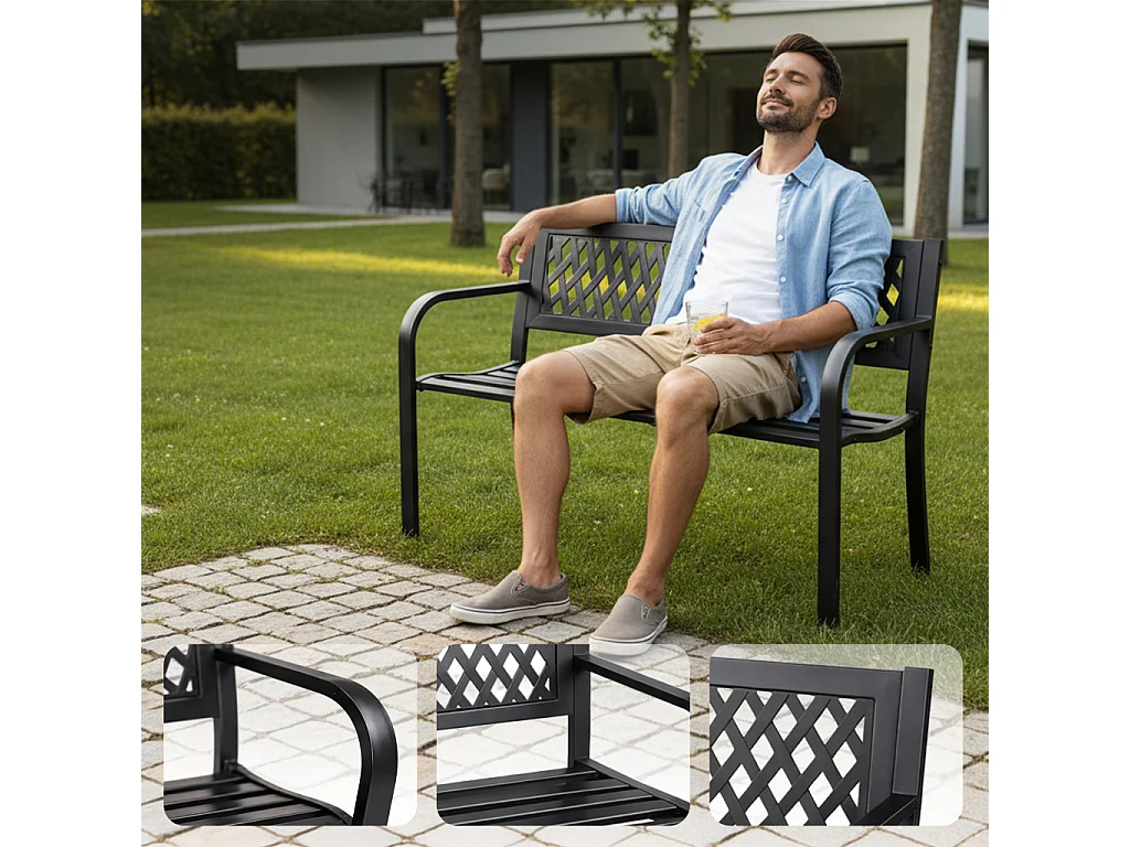 Banco de jardim preto KALIA com pernas de aço de 122 cm de largura