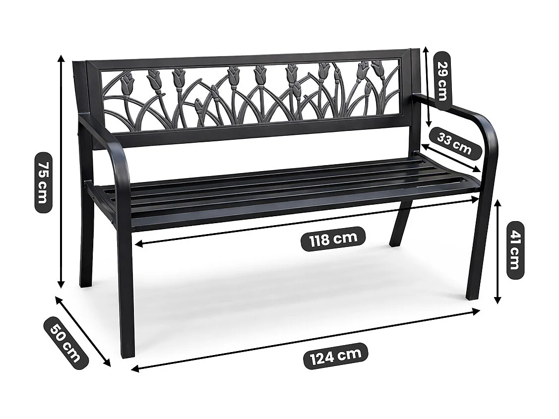 Banco de jardim preto LISSA com pernas de aço, largura 124 cm