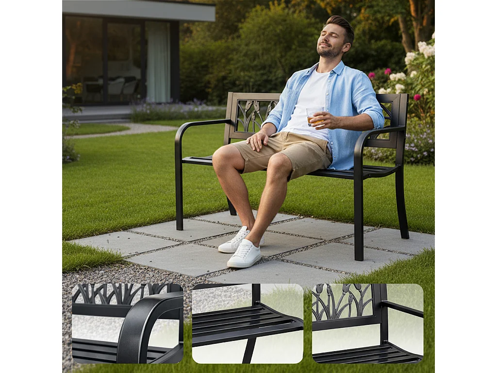 Banco de jardim preto LISSA com pernas de aço, largura 124 cm