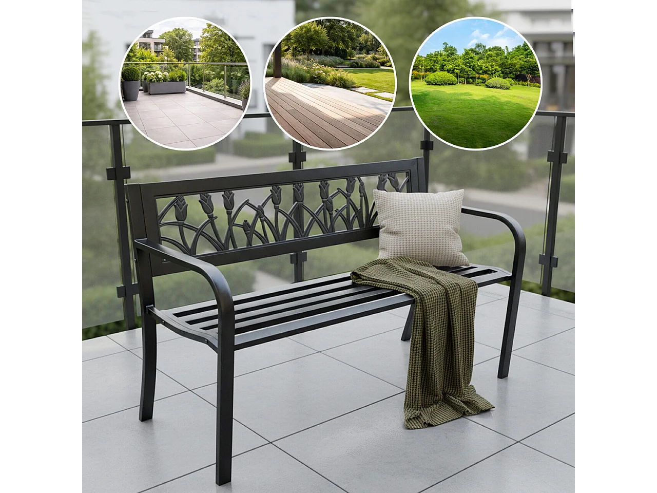 Banco de jardim preto LISSA com pernas de aço, largura 124 cm