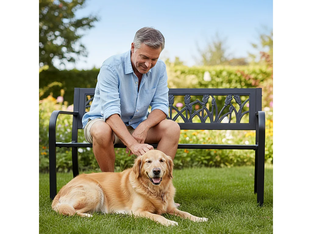 Banco de jardim preto LISSA com pernas de aço, largura 124 cm