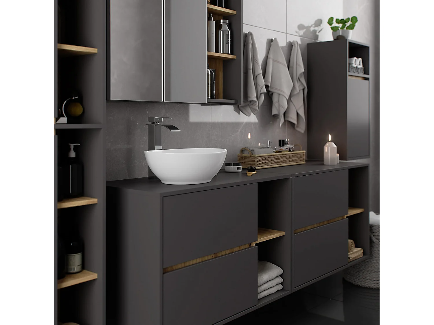 Armário Suspenso de Banheiro VAMI W35 Grafite/Carvalho Artesanal 35x80x30cm