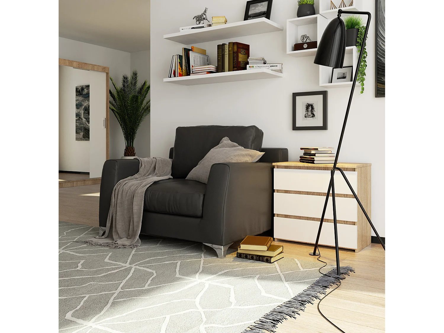 Cômoda de 3 Gavetas em Carvalho Sonoma/Banco - Estilo Moderno, 60x57x35 cm