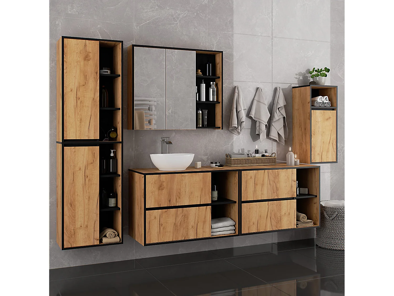 Armário de Banheiro Suspenso VAMI W35 Carvalho Preto, 35x80x30 cm