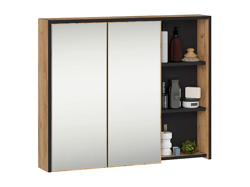 Armário Suspenso de Banheiro VAMI c/ Espelho e 6 Prateleiras - Carvalho Preto