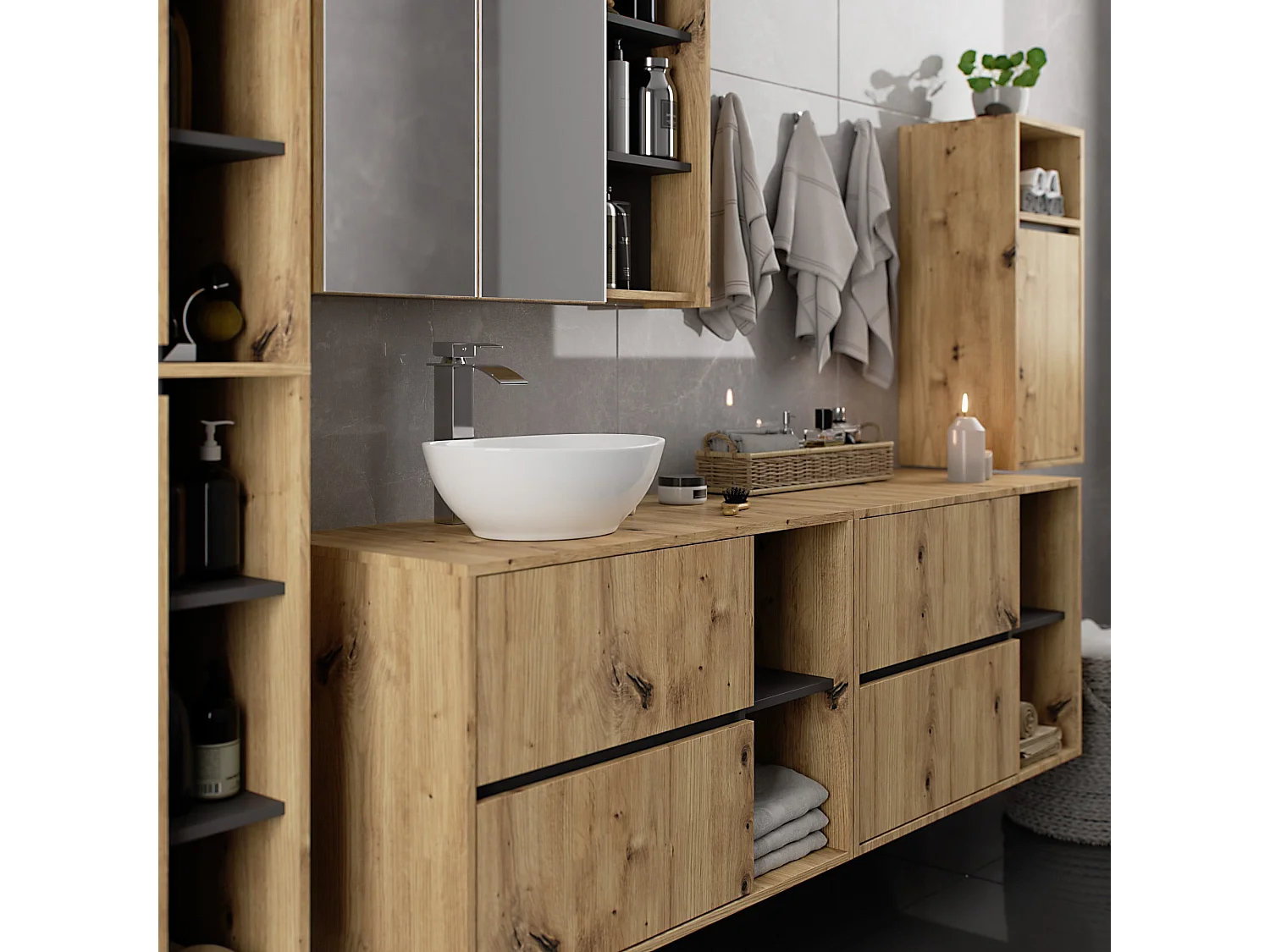 Armário Suspenso de Banheiro VAMI W35 Carvalho Artisan e Grafite Cinza