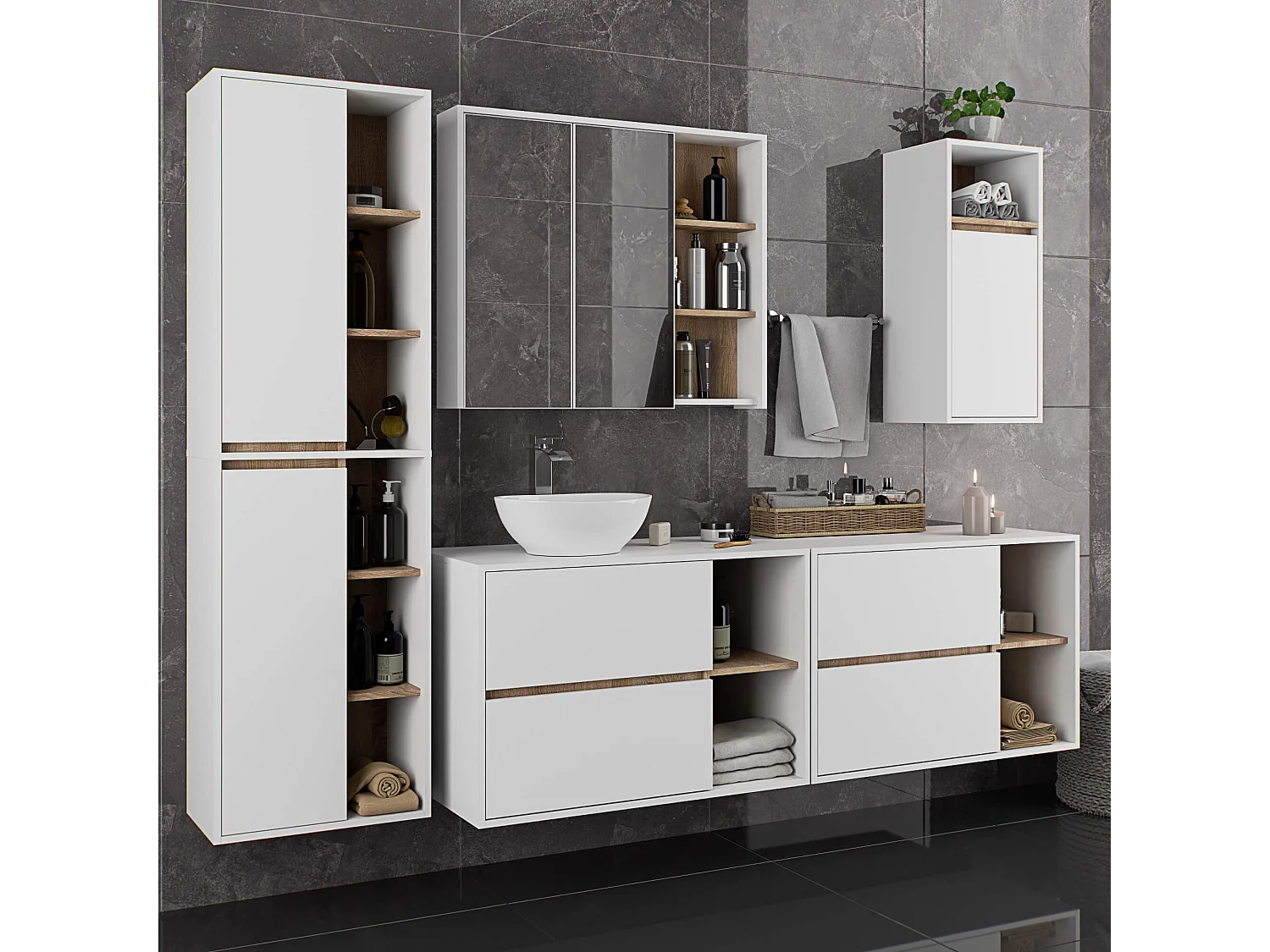 Armário Suspenso para Banheiro VAMI W35, 1 Porta, Branco/Carvalho Sonoma