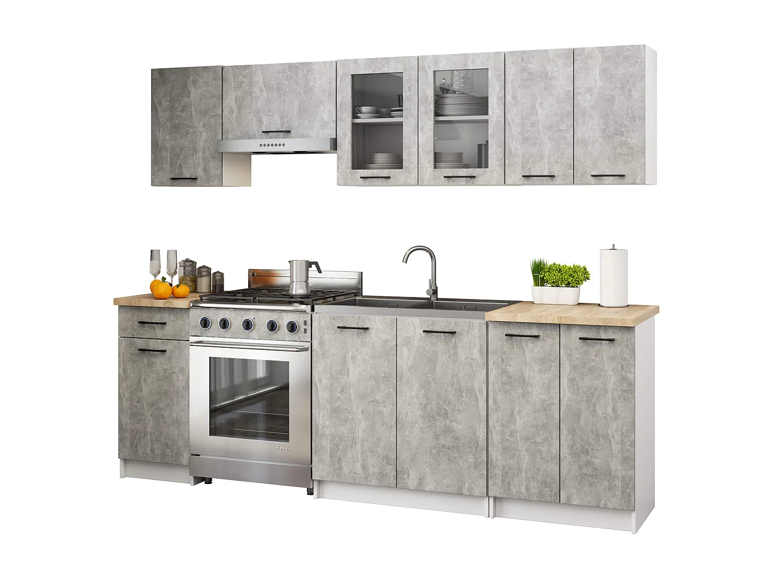 Conjunto de Armários de Cozinha com Vitrine OLIWIA 2.4m Cor Beton