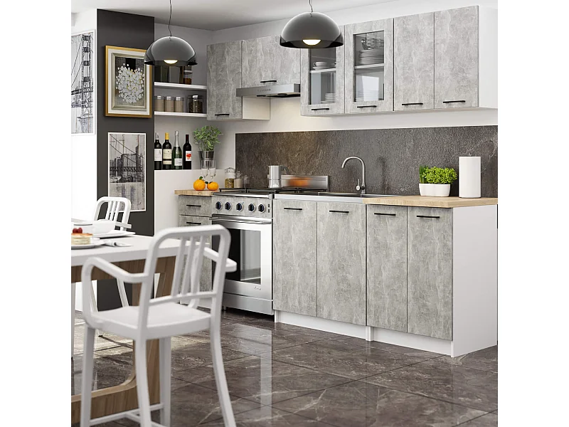 Conjunto de Armários de Cozinha com Vitrine OLIWIA 2.4m Cor Beton