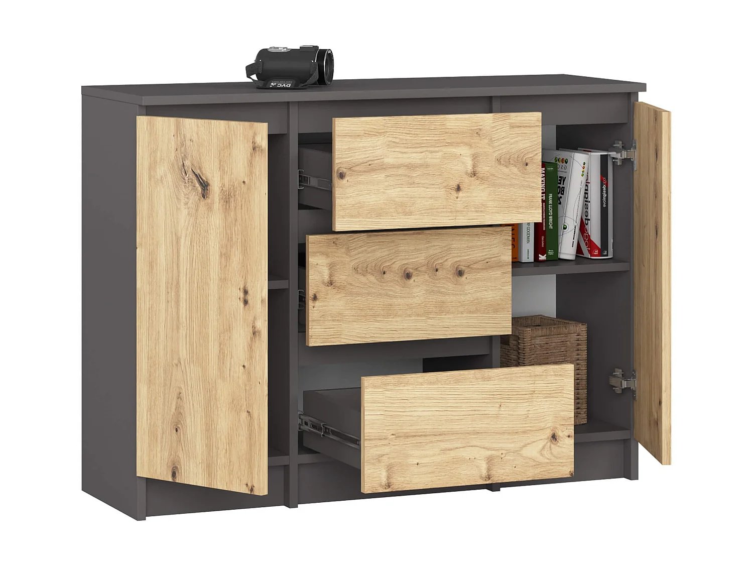 Cômoda Clássica Grafite/Dália Artisan com 3 Gavetas e 2 Portas