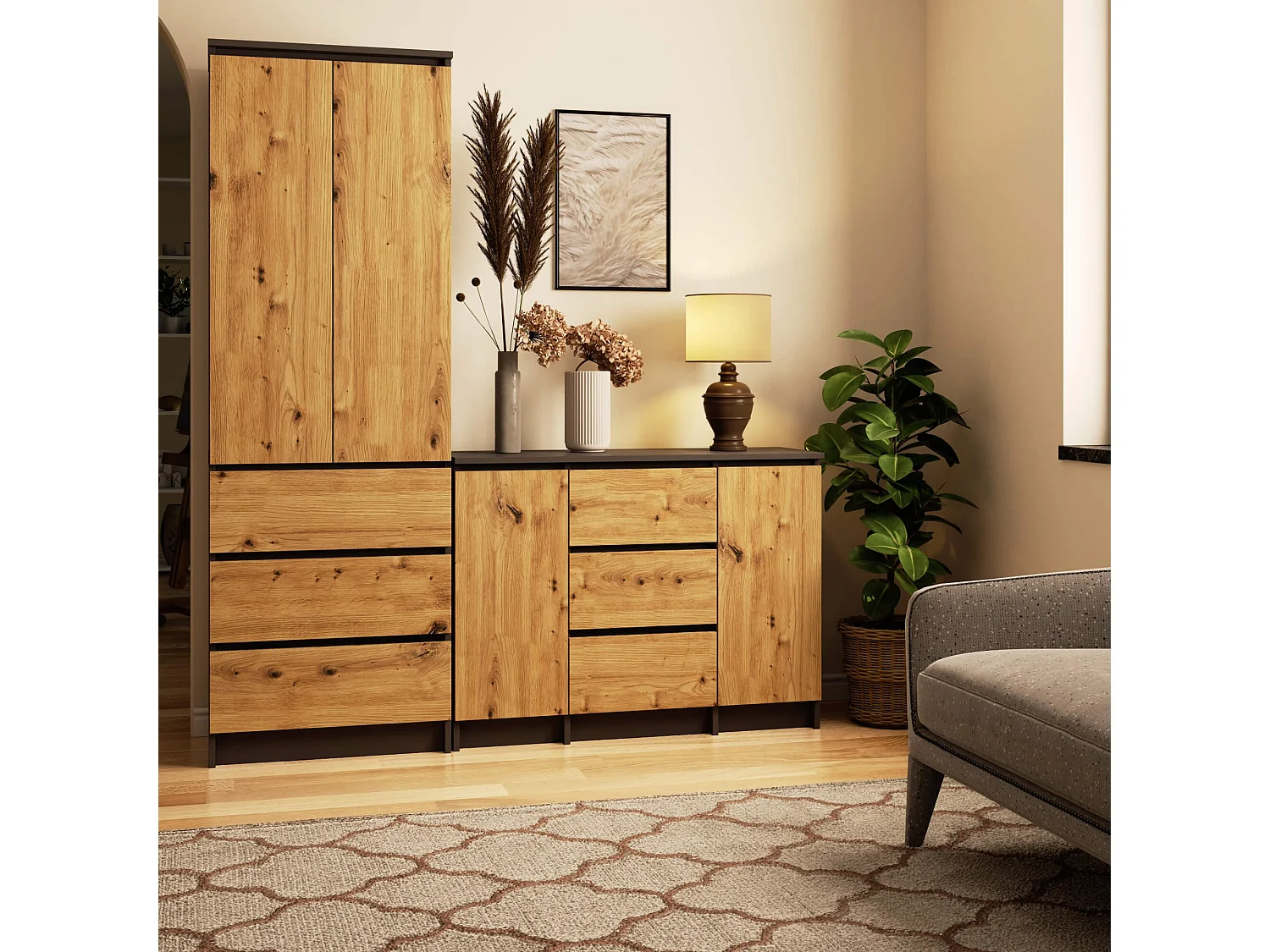 Cômoda Clássica Grafite/Dália Artisan com 3 Gavetas e 2 Portas