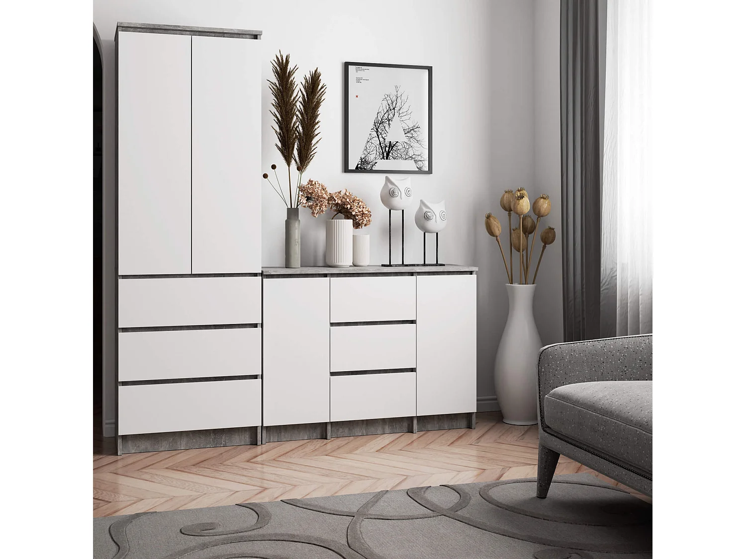 Comoda Clássica K100 2 Portas 3 Gavetas Beton/Branco