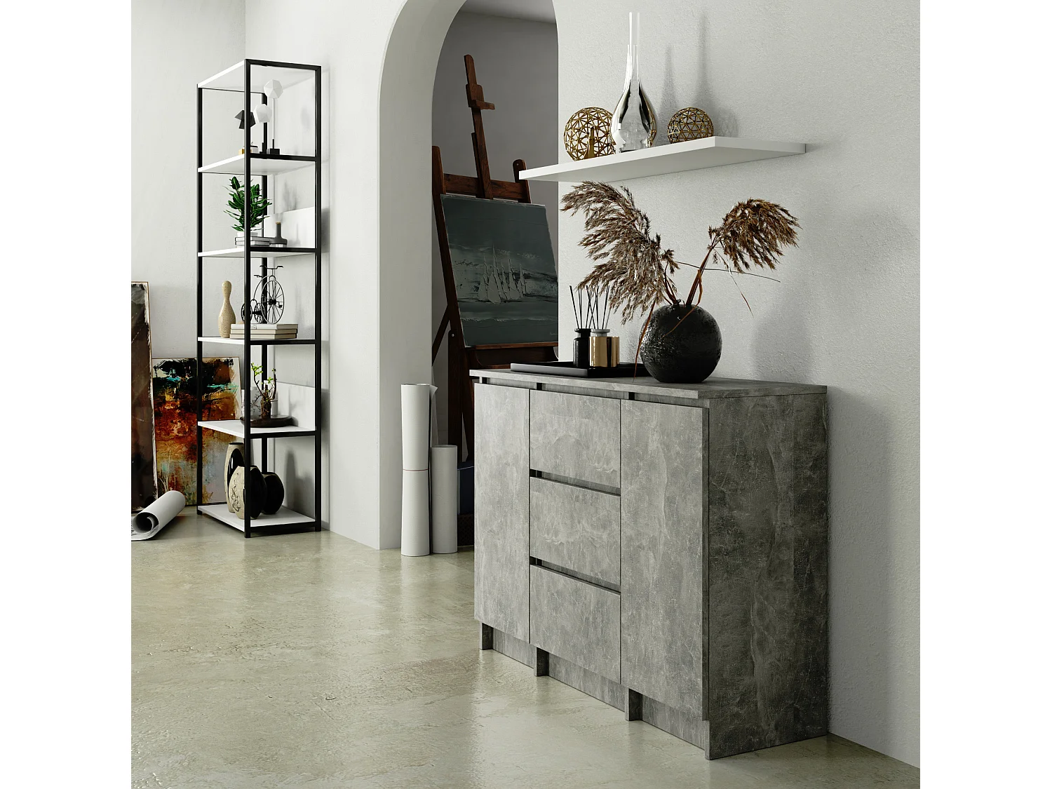 Cômoda K100 2 Portas 3 Gavetas Estilo Clássico Acabamento Beton