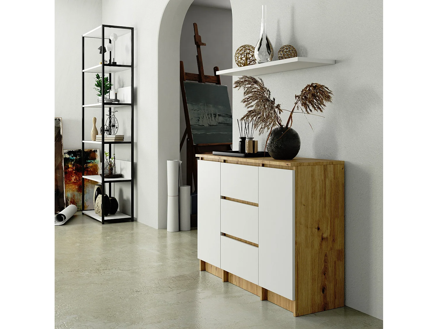 Cômoda Elegante K100 Artisan/Bluetooth - Estilo Clássico, 2 Portas, 3 Gavetas, Montagem DIY