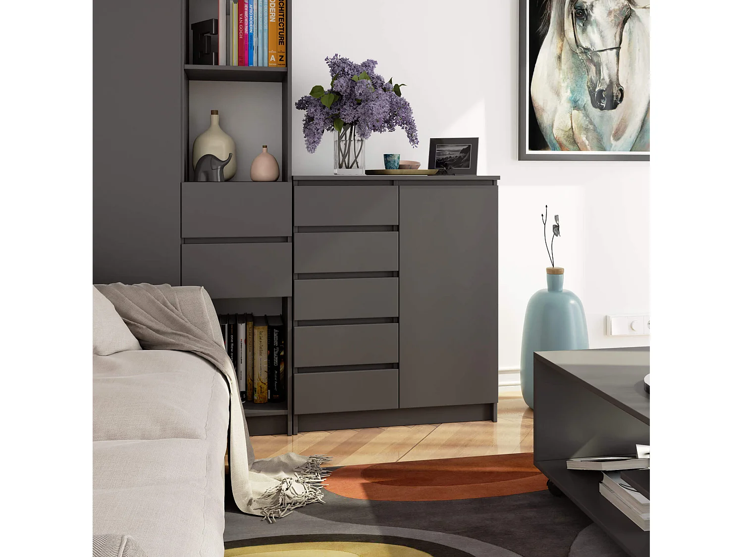 Cômoda Grafite Cinza com 5 Gavetas e 1 Porta - 80 cm (Sistema de Móveis)