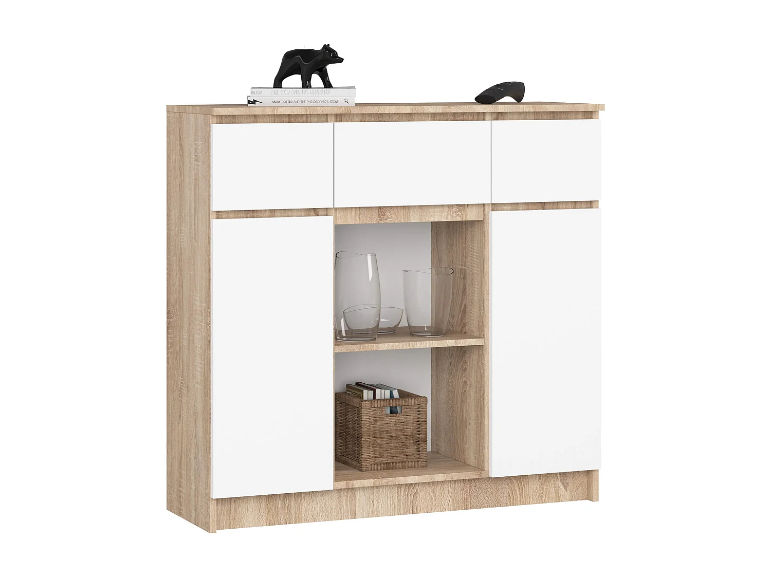 Cômoda Clássica de Carvalho Sonoma e Branco com 3 Gavetas e 2 Portas