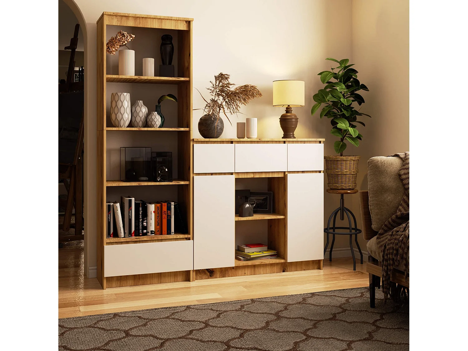 Aparador Elegante Dãb Artisan e Branco com 3 Gavetas e 2 Portas - K100