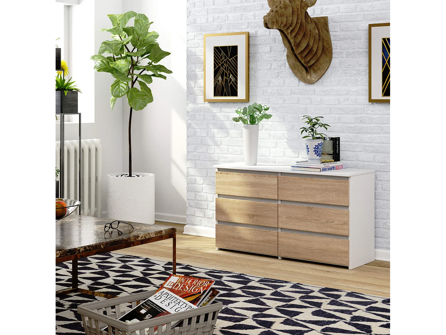 Cômoda Elegante 6 Gavetas Branco/Dourado Sonoma