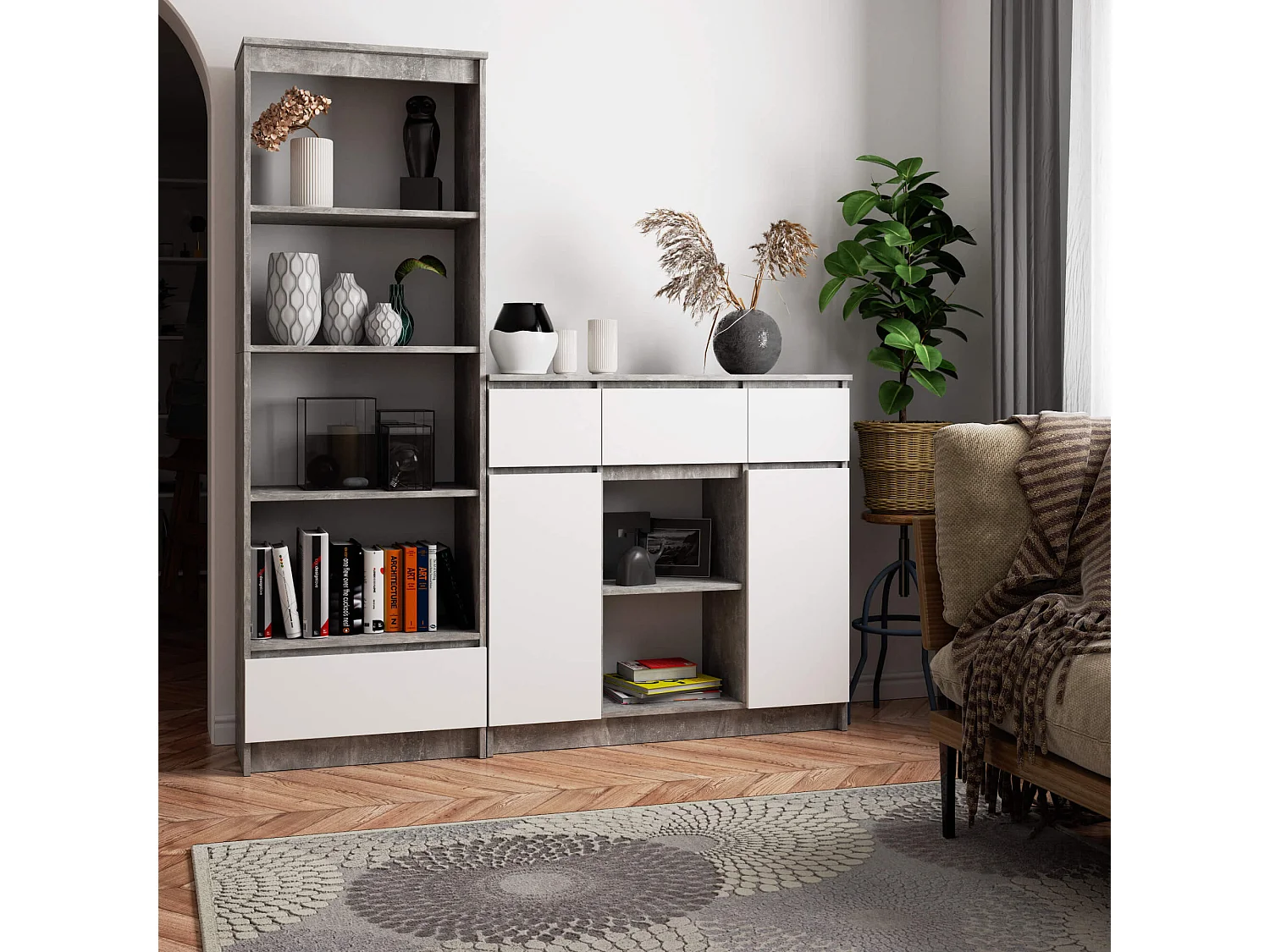 Cômoda Clássica K100 2D3G1P Cinza e Branco com Acabamento Fosco e Sistema de Bloqueio de Gavetas