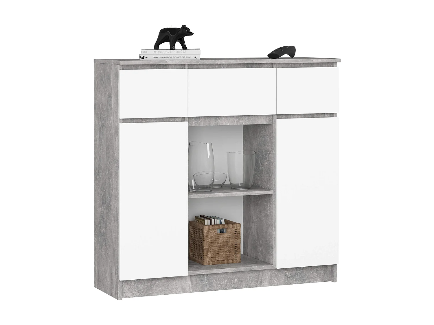 Cômoda Clássica K100 2D3G1P Cinza e Branco com Acabamento Fosco e Sistema de Bloqueio de Gavetas