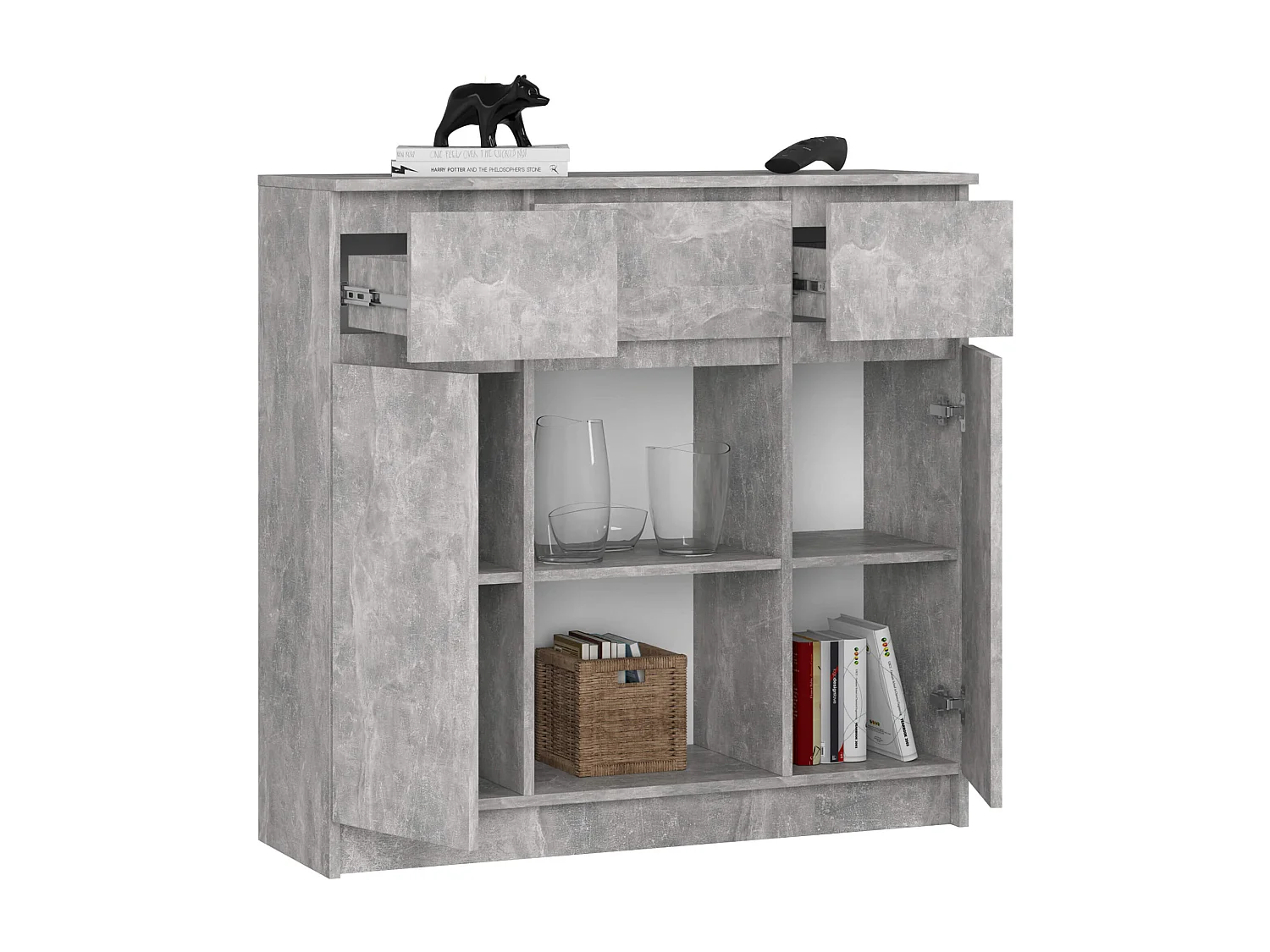 Cômoda Clássica K100 2D 3G 1P Betão Mat, 101x98x35cm, 6 Prateleiras, 3 Gavetas, Portas de Bater, Montagem DIY