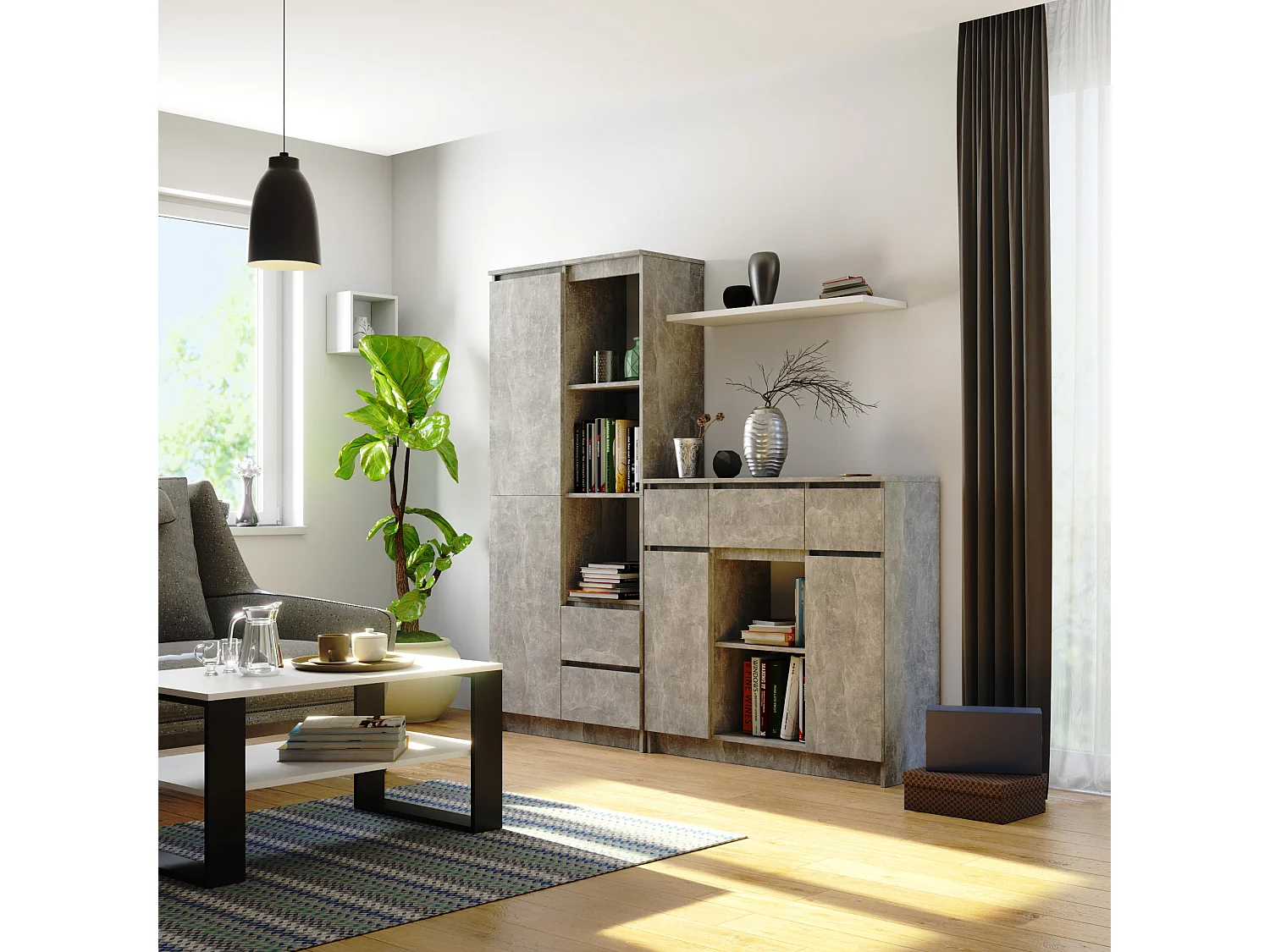 Cômoda Clássica K100 2D 3G 1P Betão Mat, 101x98x35cm, 6 Prateleiras, 3 Gavetas, Portas de Bater, Montagem DIY